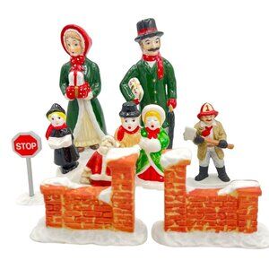 Vintage Christmas Village Figurine Set With Carolers & Santa Brick Walls Fireman